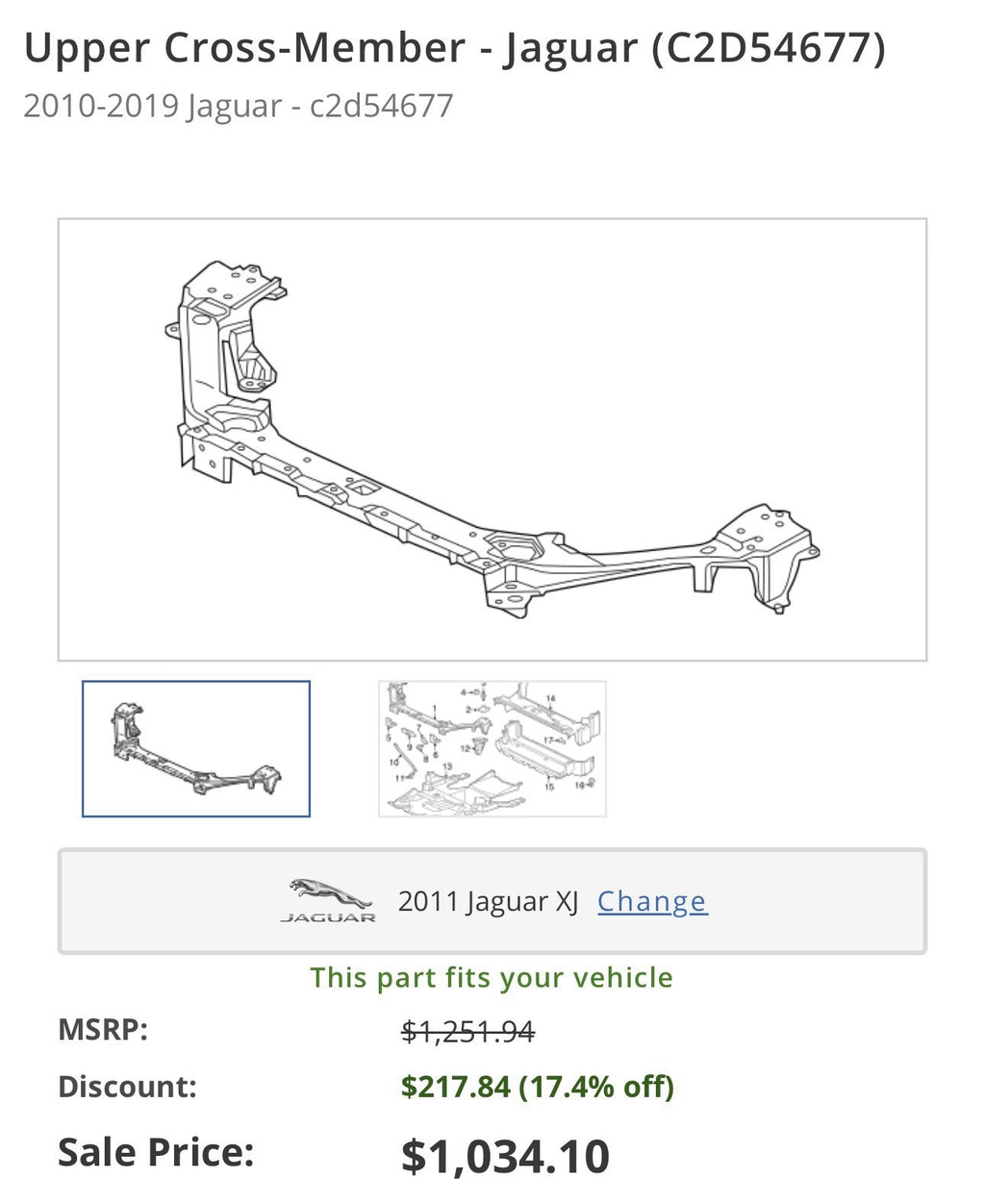 2010-2019 JAGUAR XJ XJL FRONT RADIATOR SUPPORT UPPER CROSSMEMBER FRAME OEM.